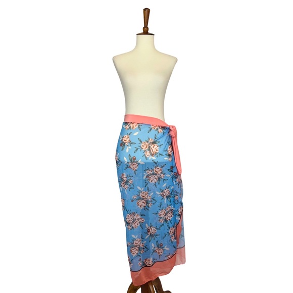 Boho Pink and Blue Floral Sarong Beach Skirt - Picture 3 of 14